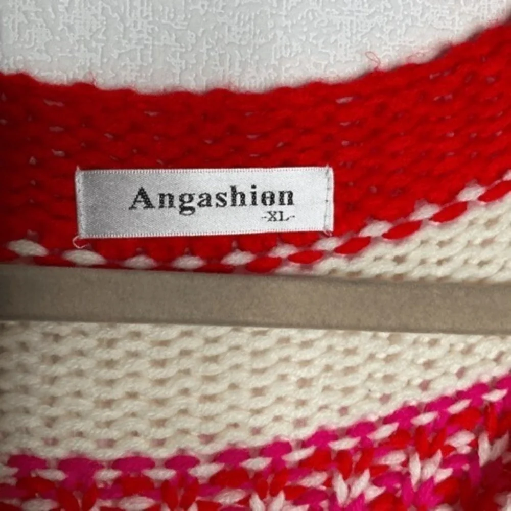 Angashion ColorBlock‎ Soft Oversized Long Sleeve V-Neck Barbie Sweater Women XL